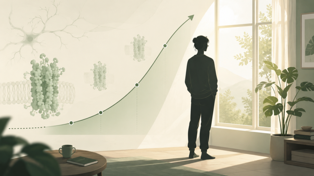 a man looking out the window contemplating next to a thc tolerance graph