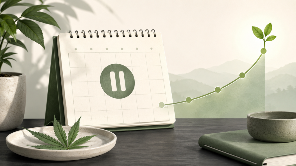 How long should a tolerance break be — cannabis leaf, calendar, and recovery growth chart